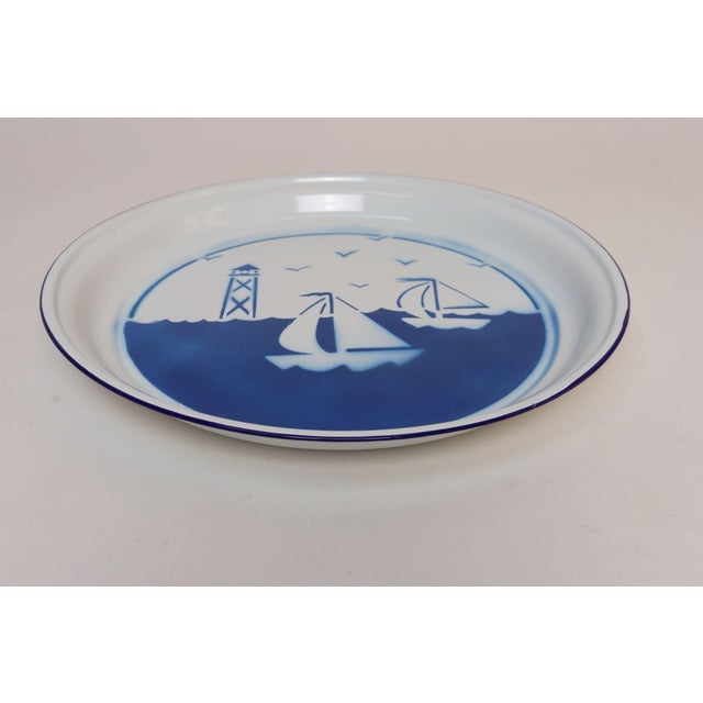 Nautical Large Vintage Blue and White Enamelware Platter / Tray With Sailboat and Lighthouse Motif For Sale - Image 3 of 11