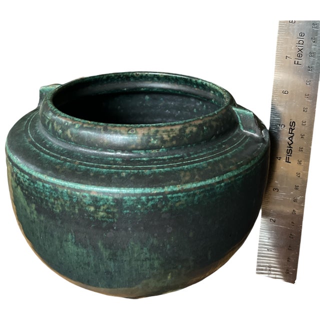 Ceramic Signed Hand-Thrown Studio Pottery Vase With Verdigris Glaze | Brutalist / Axel Salto–Inspired | Dated 2008 For Sale - Image 7 of 7