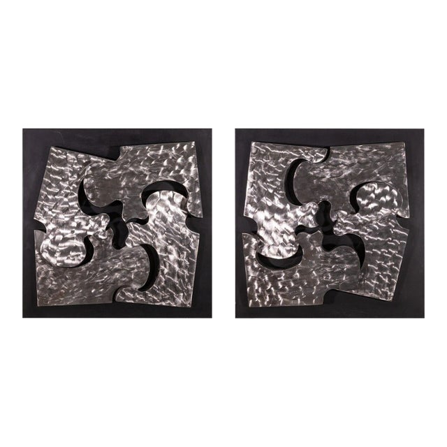1999 Signed Curtis Jere Puzzle Piece Brushed Metal Wall Sculptures - A Pair For Sale