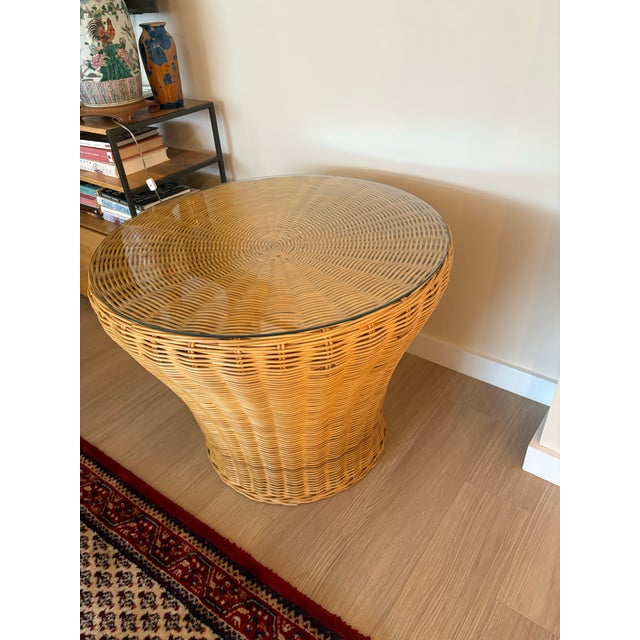 Vintage Woven Wicker Pedestal Side Table With Glass Top For Sale - Image 4 of 5
