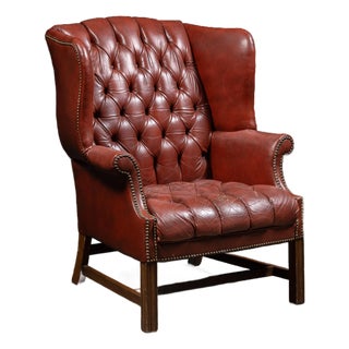 Vintage Wingback Tufted Leather Chesterfield Armchair in Burnt Red For Sale