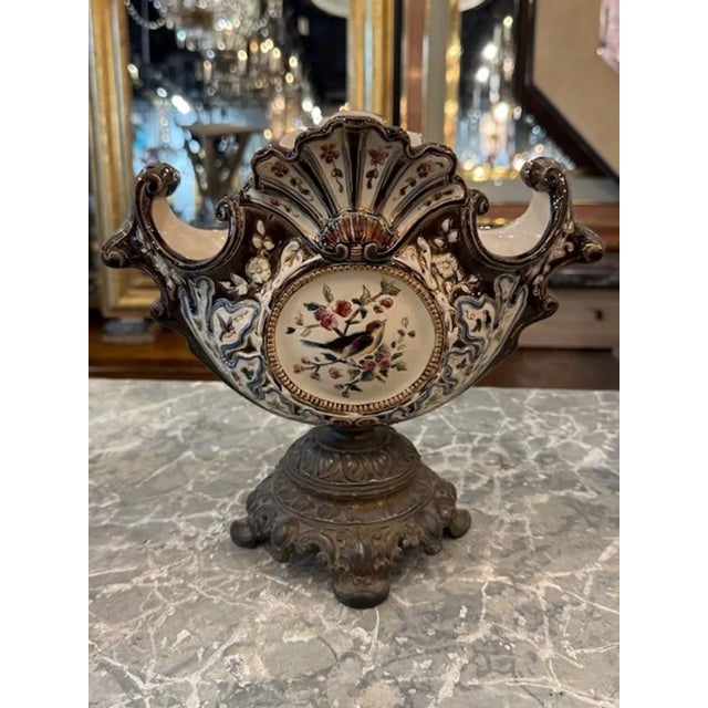 Traditional Antique French Majolica and Brass Centerpiece For Sale - Image 3 of 6