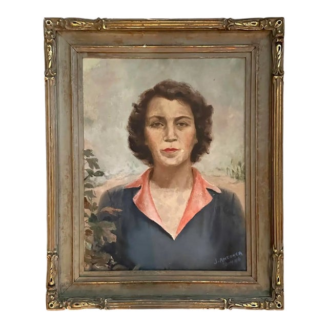 Antique Oil on Board Estate Portrait Painting of Lady / Woman in a Desert Landscape by Spanish Artist J. Anduaga, Circa 1940 (1946) For Sale