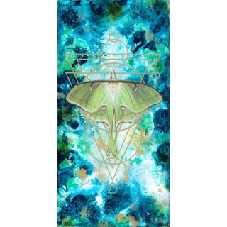Cielo by Kierstin Young | Oil & Acrylic on masonite panel of a green moth on a blue abstract background For Sale