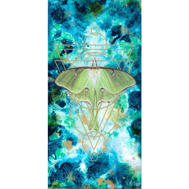 Cielo by Kierstin Young | Oil & Acrylic on masonite panel of a green moth on a blue abstract background For Sale