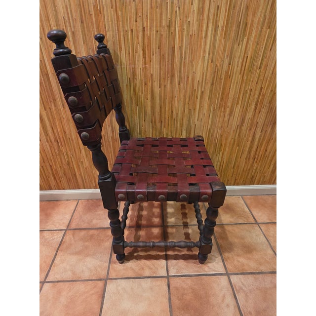 Brown Mid 20th Century Spanish Set of Six Interlaced Leather Wooden Chairs For Sale - Image 8 of 12