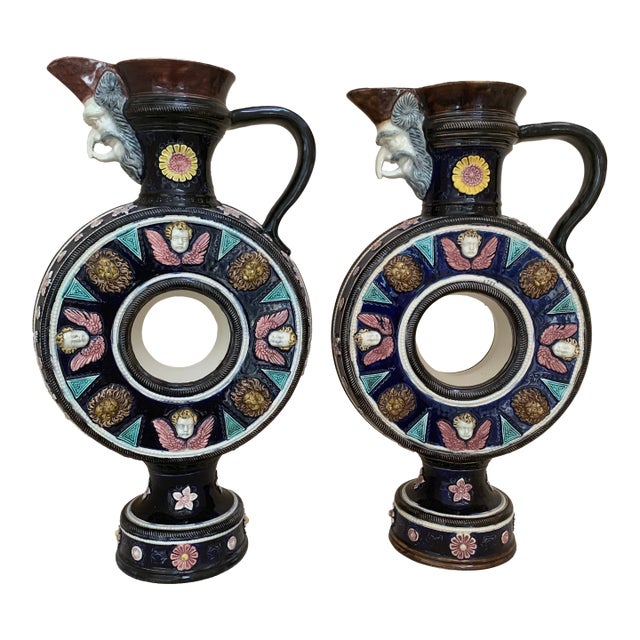 Antique Set -2 German Ceramic Ewers by Hugo Lonitz Lions and Cherubs For Sale