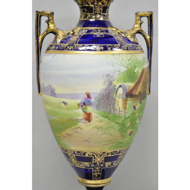 Victorian Antique Nippon Hand Painted Cobalt Blue Porcelain Twin Handle Bolted Urn Vase For Sale - Image 3 of 18
