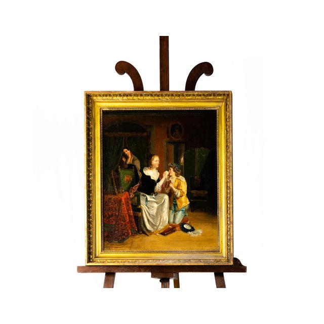 A Romanticism Jean-Augustin Franquelin's painting of a scene of a kneeling daughter crying and a mother wiping tears,...