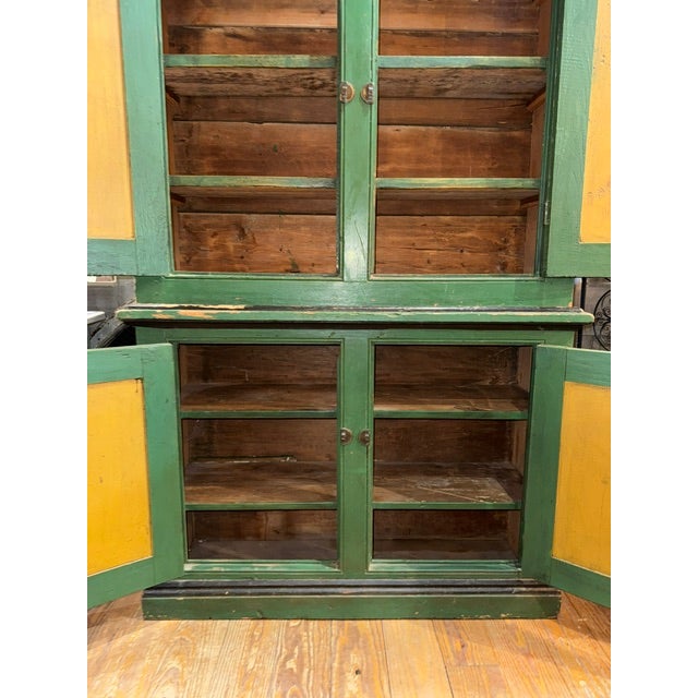 Early 20th Century Green Painted Two-Piece Folk Art Cupboard For Sale In Philadelphia - Image 6 of 12
