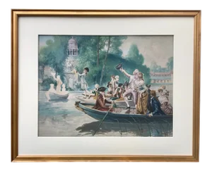 Antique French Watercolor Classical Romantic Scene