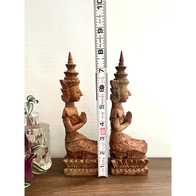 Brown Vintage Teak Wood Thai Thepphanom Guardian Angels – Hand-Carved Buddhist Prayer Figures For Sale - Image 8 of 10