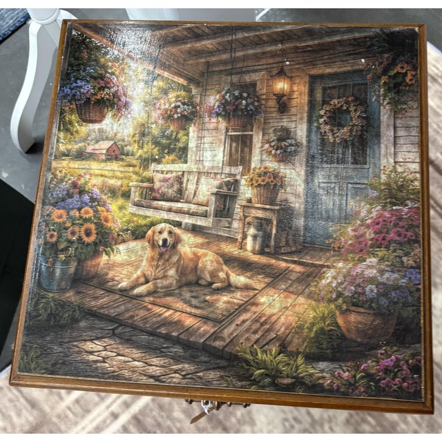 Leick End Table – Decoupaged Rustic Cabin top surface, complete with dog and rocking chair This beautiful Leick Furniture...