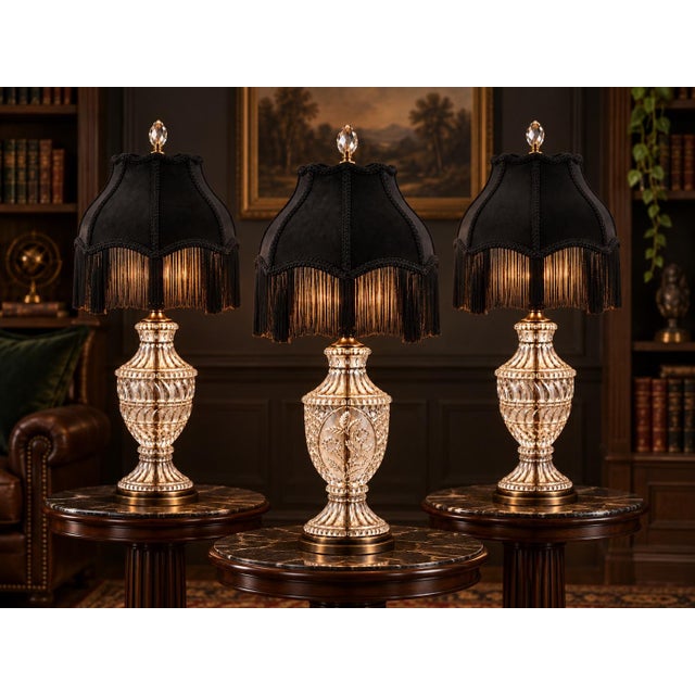 A dramatic coordinated suite of three substantial hand-cut lead-crystal table lamps, made in Yugoslavia and newly restored...