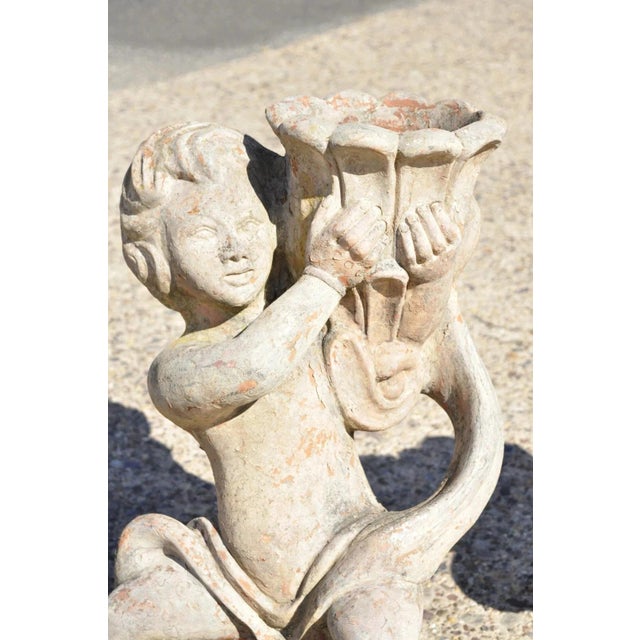 American Vintage Cast Terracotta Figural 28" Cherub Putti Garden Planter Pots - A Pair For Sale - Image 3 of 12