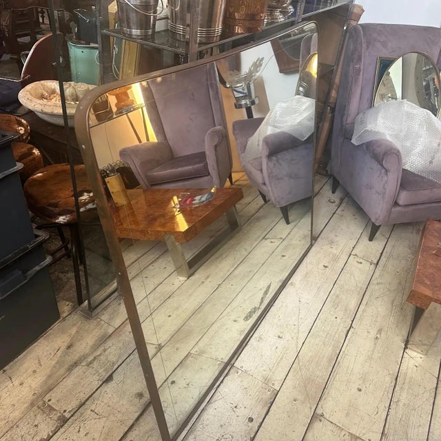 1950s Gio Ponti Style Mid-Century Modern Brass and Etched Glass Big Wall Mirror For Sale - Image 11 of 14