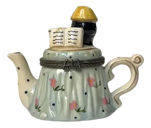 Antique Hand-Painted Porcelain Teapot Trinket with Black Reader