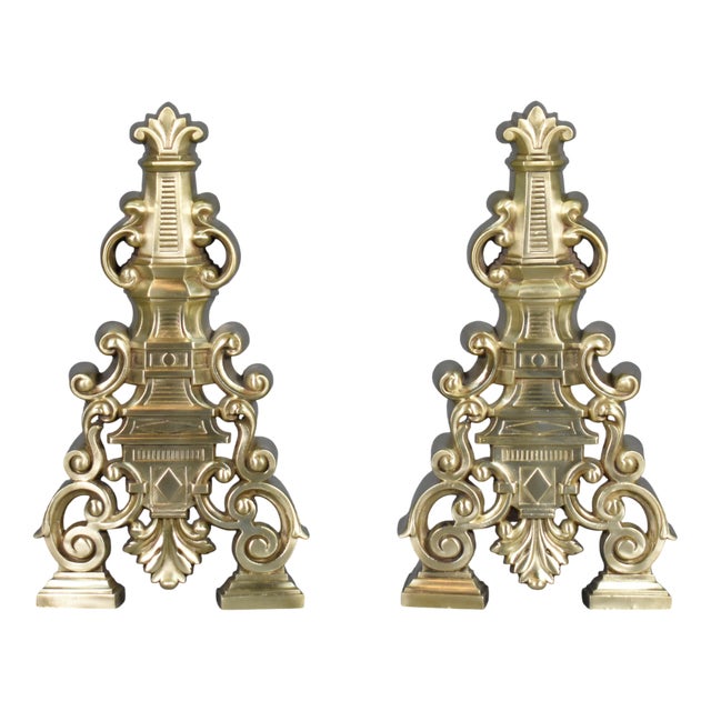 Early 20th-Century French Brass Fire Dogs, 1890s, Set of 2 For Sale