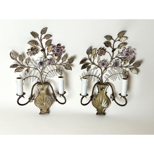 Italian Wall Sconces with Amethyst and Smoky Glass Blossoms, 1950s, Set of 2 For Sale - Image 4 of 18