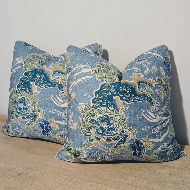 Brunschwig & Fils Brunschwig & Fils Shishi Dragon 22" Pillows in Turquoise With Samuel and Sons Micro Cord For Sale - Image 4 of 7