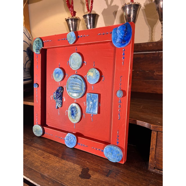 Pair of Neoclassical Grand Tour Style Faux Blue Faience Intaglio Set in Hand Painted Red & Blue Frames For Sale - Image 11 of 12