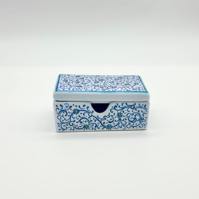 Blue Handmade Ceramic Business Card Box with Lid – Blue “Golden Horn” (Haliç) Pattern – Iznik Desk Organizer For Sale - Image 8 of 9