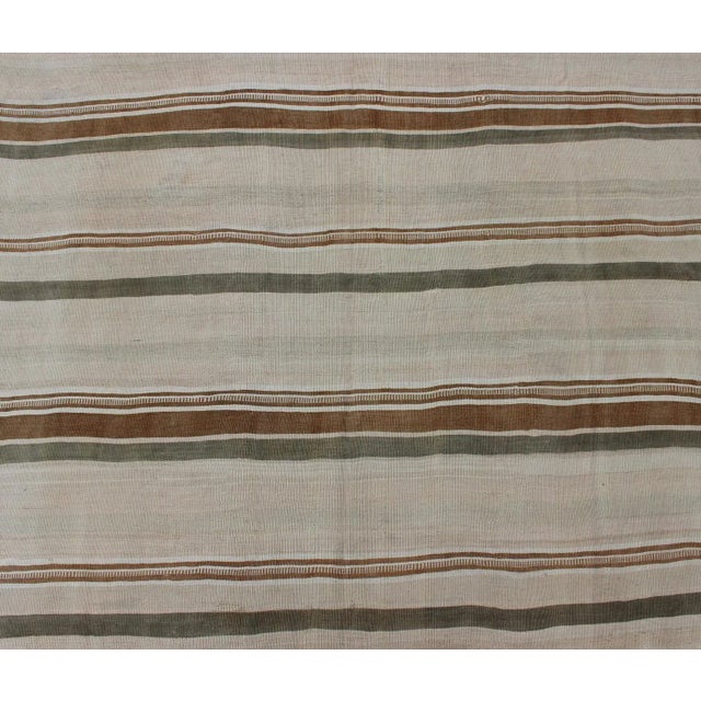 Textile Large Kilim Vintage Rug With Green-Gray and Cognac Color in Stripe Design For Sale - Image 7 of 10