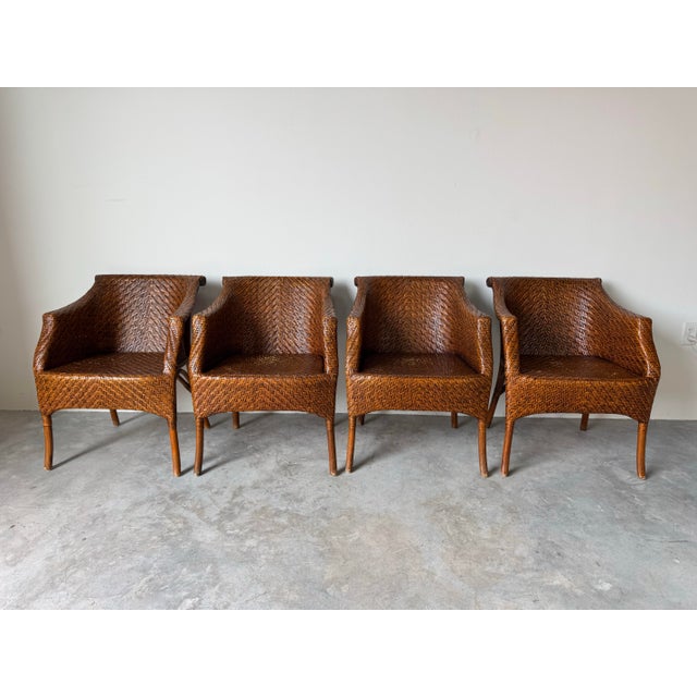 Mid-Century Modern Vintage Palecek-Style Coastal Organic Woven Rattan Dining Chairs – Set of 4 For Sale - Image 3 of 12