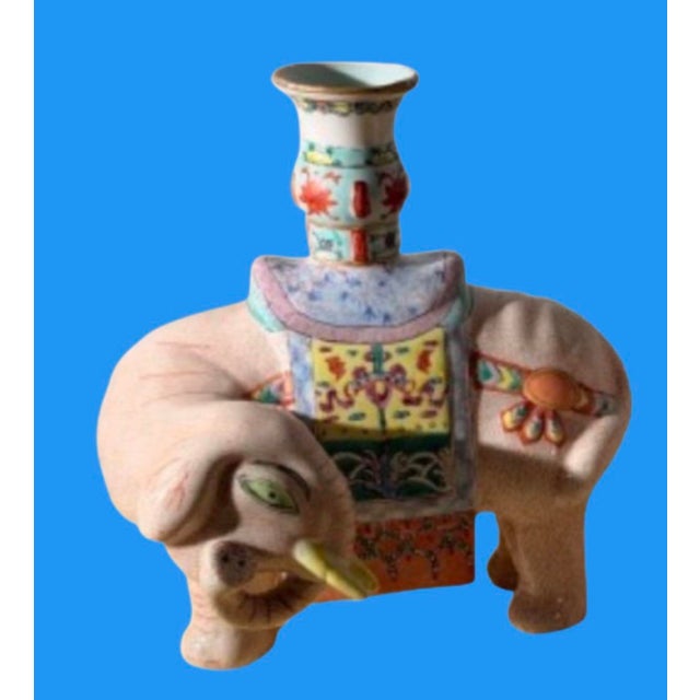 Early 20th Century Pair of Chinese Export Famille Rose of Enameled Elephant Candlestick or Josh Sticks, Early 20th C. For Sale - Image 5 of 10