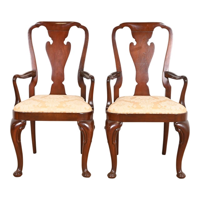 Baker Furniture Historic Charleston Queen Anne Carved Mahogany Dining Armchairs, Pair For Sale