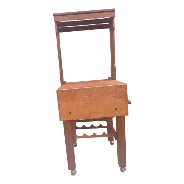 Vintage Butcher Block Work Table, With Hanging Rack, on Brass Castors For Sale