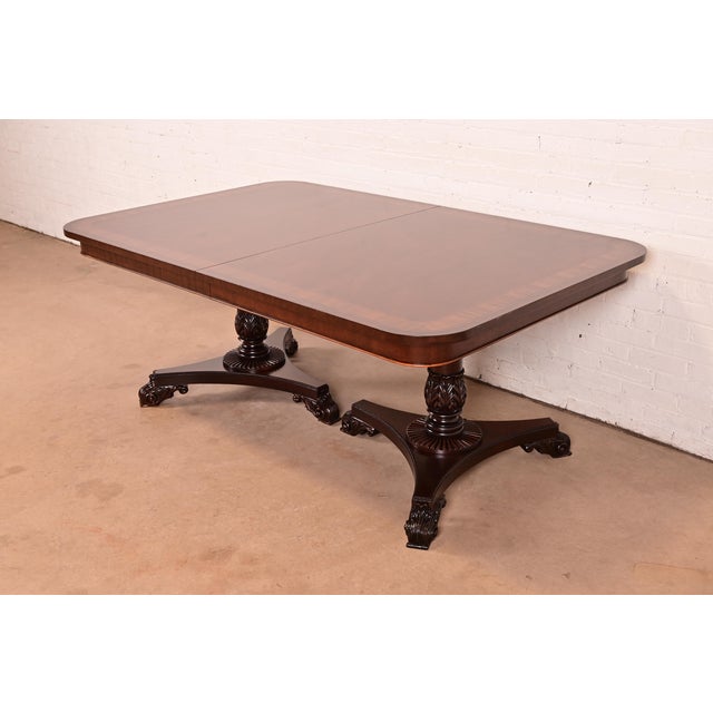 Baker Furniture Regency Banded Mahogany Double Pedestal Extension Dining Table, Newly Refinished For Sale - Image 11 of 17