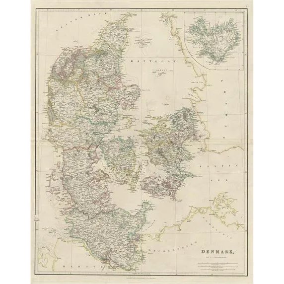 Antique Map of Denmark with Inset Map of Iceland, 1832 For Sale