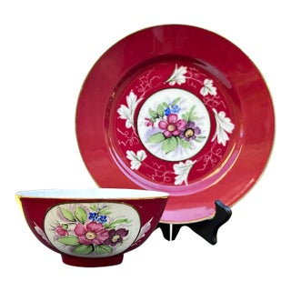 19th Century Imperial Gardner Porcelain Claret Red Floral Plate & Piala Bowl - Set of 2 For Sale