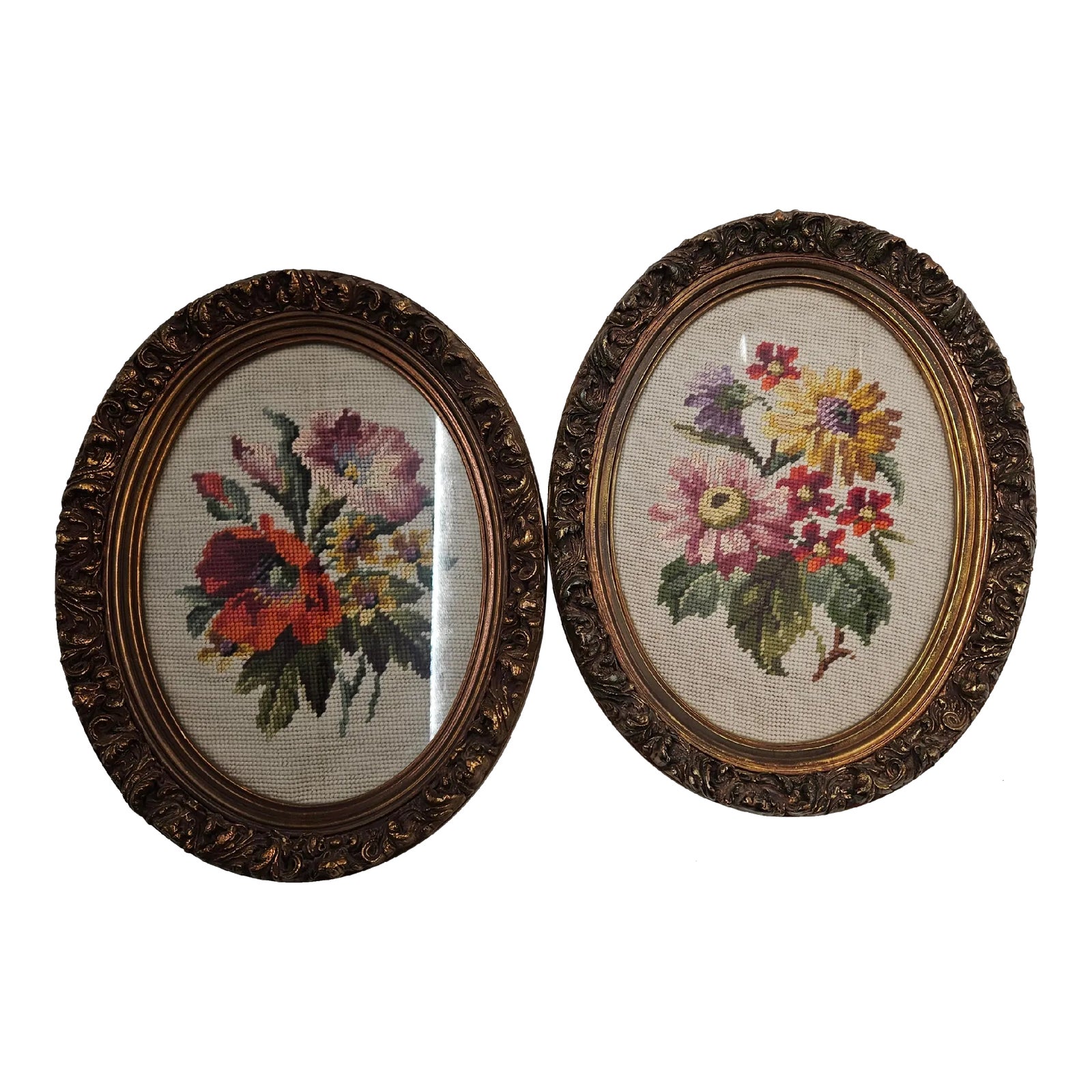 Vintage Needlepoint in Gilt Frames - Pair | Chairish