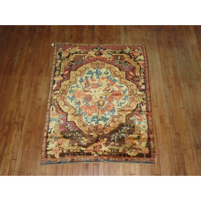 Early 21st Century Muave Brown Handwoven Antique Armenian Floral Karabagh Rug Dated 1934 - 4'5" x 5'10" For Sale - Image 5 of 6