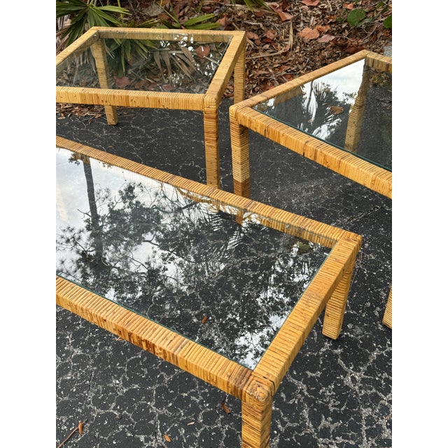 1960s Vintage Coastal Rattan 3-Piece Living Room Table Set With Glass Tops For Sale - Image 5 of 9