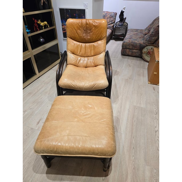 Animal Skin Set of Vintage Camel Leather Lounge Chair and Ottoman with Wooden Frames, 1970s For Sale - Image 7 of 12