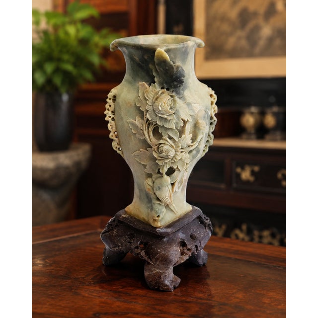 Mid 20th Century Large Chinese Hand-Carved Soapstone Vase With Floral, Butterfly & Bird Relief on Stand, 11.7"h For Sale - Image 9 of 10