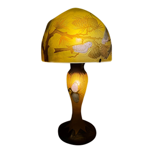 Late 20th Century Daum Nancy Embossed Golden Brown Art Glass Table Lamp Acorn & Bird Design 19x10”