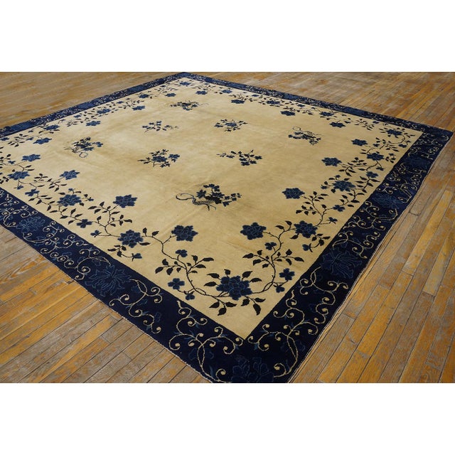 Antique Peking Chinese Classic Traditional Floral Ivory Square 1880s Rug For Sale - Image 4 of 11
