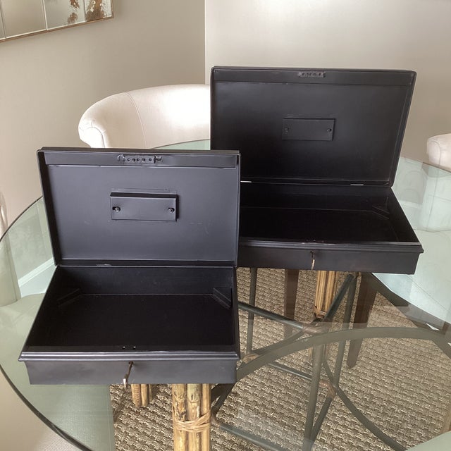 Late 20th Century Set of Two Metal Storage Boxes With Brass Handles and Working Keys For Sale - Image 9 of 10