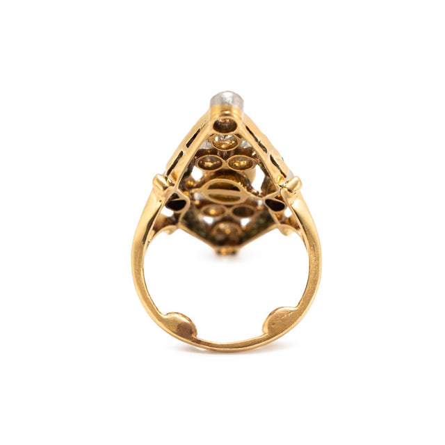 Art Nouveau Platinum 18k Gold 1.77ctw Pearl Sapphire Diamond Navette Ring, Size 4.25 For Sale In Houston - Image 6 of 8