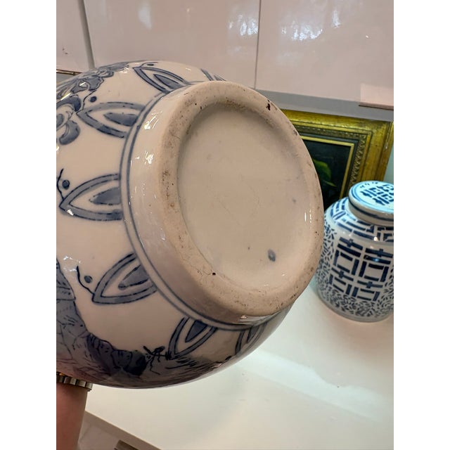 Vintage Blue & White Chinese Porcelain Chinoiserie Vase With Pagoda Landscape Motifs For Sale - Image 13 of 13