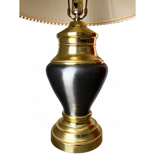 Gray Vintage Black and Gold-Tone Urn Table Lamp With Pleated Shade For Sale - Image 8 of 9