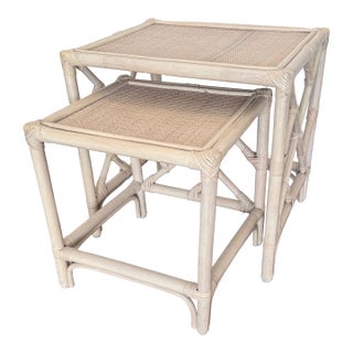 Vintage Mid Century Rattan White Washed Nesting Tables Set For Sale