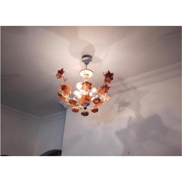 Vintage Italian Porcelain & Amber Brown Murano Glass Flower Chandelier For Sale - Image 9 of 10