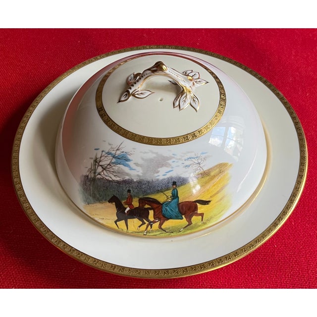 Blue Antique Minton Porcelain Equestrian Covered Dish With Hand Painted Horses and Riders by J. E. Dean For Sale - Image 8 of 13