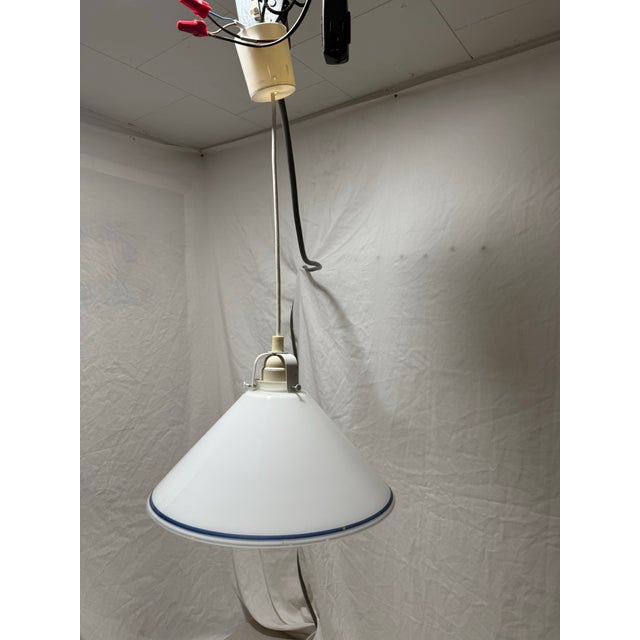 Late 20th Century Vintage Cone Shaped Milk Glass Pendant Light Fixture White With Blue Ring For Sale - Image 5 of 8
