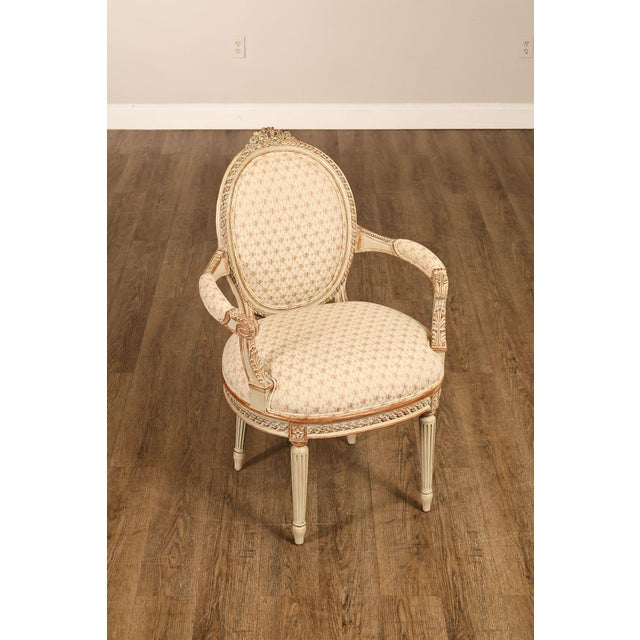 French French Louis XVI Style Pair of Cream Painted Armchairs For Sale - Image 3 of 18